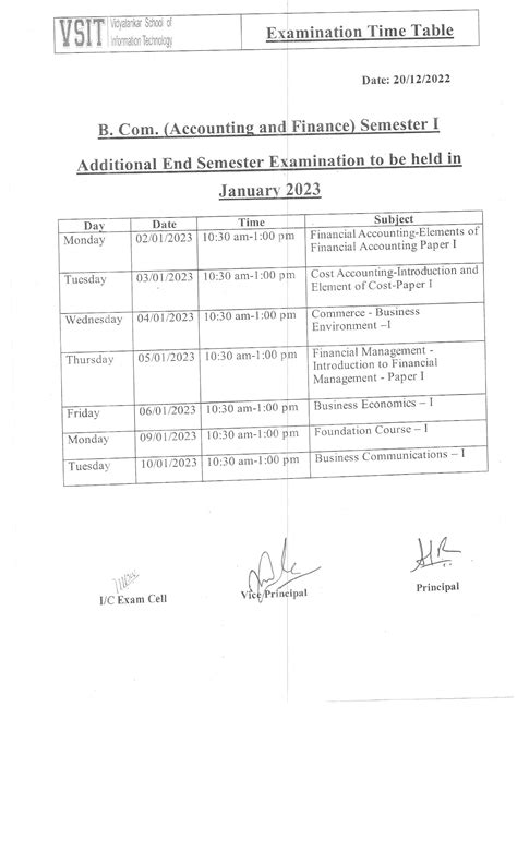 Vsit Winter Session Exam Timetable 2022 2023