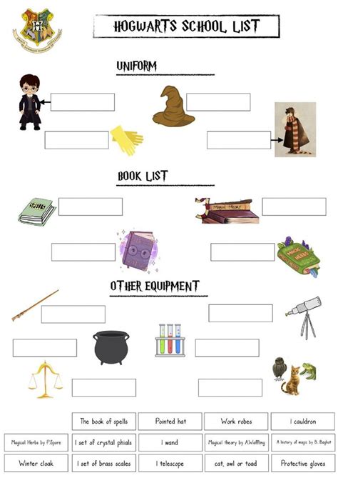 HP School Supplies Worksheet Harry Potter Vocabulary Harry Potter