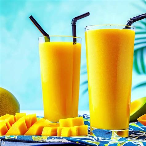 Premium Ai Image Glasses Of Mango Smoothie And Mango Juice With Black Straws On A Wooden