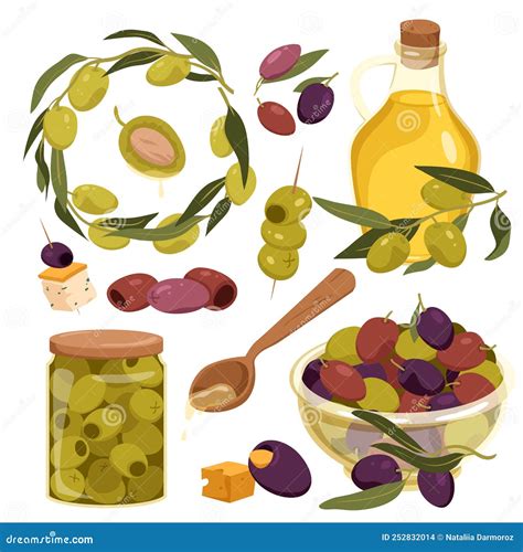 Olive Food Products And Ingredients Set Green And Black Olives On