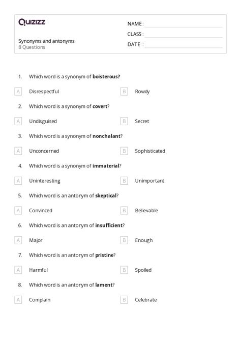 Synonyms And Antonyms Worksheets For Th Grade On Quizizz Free