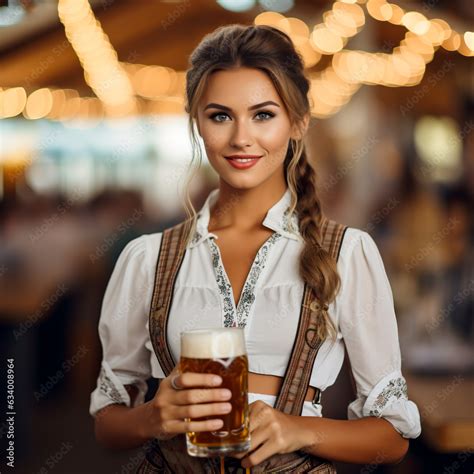 Oktoberfest Waitress Wearing A Traditional Bavarian Dress Serving