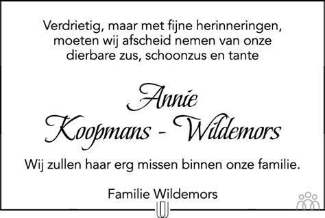 Annie Koopmans Wildemors 13 12 2023 Overlijdensbericht En Condoleances