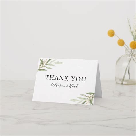 Greenery Watercolors Green Gold Leaves Wedding Thank You Card