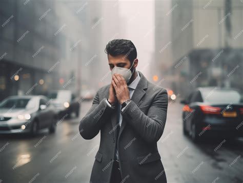 Premium Photo Business Man Wearing A Mask And Coughing On The Street Protection Against Air