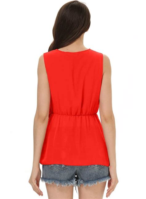 Red Deep V Neck Sleeveless Chiffon Blouse Shein Sheinside