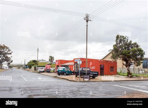 Bredasdorp, South Africa - Sep 23, 2022: A street scene, with a tuck shop, in Bredasdorp in the ...