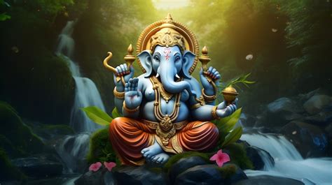 Premium Photo Lord Ganesha Sclupture With Background Of Waterfall