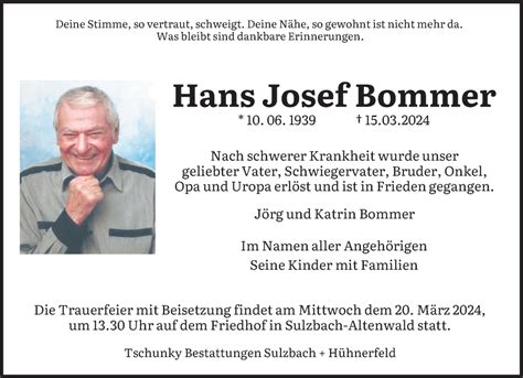 Traueranzeigen Von Hans Josef Bommer Saarbruecker Zeitung Trauer De