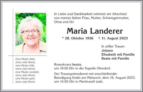 Traueranzeigen Von Maria Landerer Allg Uer Zeitung