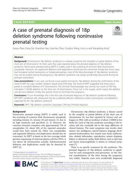 Pdf A Case Of Prenatal Diagnosis Of 18p Deletion Syndrome Following Noninvasive Prenatal Testing