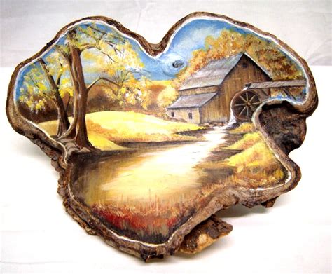 Vtg Folk Art Painting Dried Conk Mushroom Old Mill Stream 10 X 5 50 X 7