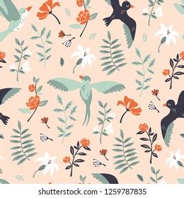 Floral Seamless Pattern Flying Birds Vector Stock Vector Royalty Free