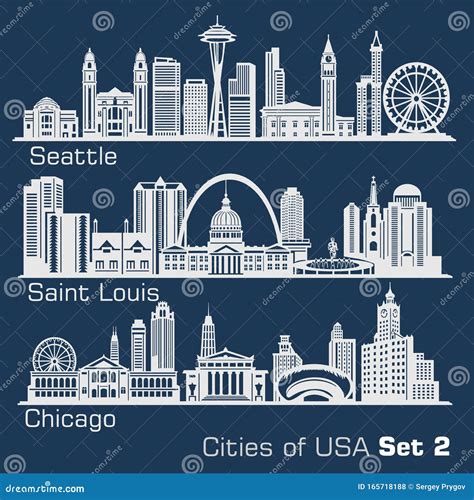 Cities of USA - Seattle, Saint Louis, Chicago. Detailed Architecture