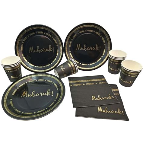 Eid Mubarak Black Gold Disposable Paper Plates Cups Napkins Ramadan