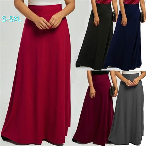 New Womens Fashion Casual Plus Size High Waist Maxi Flare Skirts Long