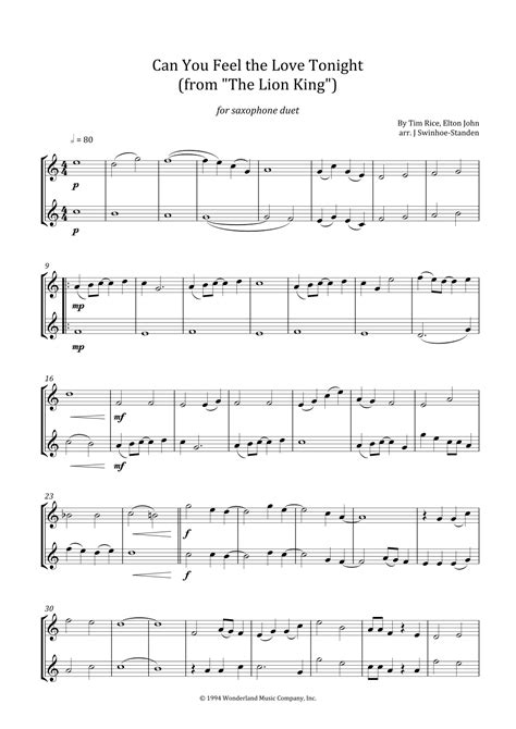 Can You Feel The Love Tonight Arr J Swinhoe Standen By Elton John Sheet Music For Saxophone