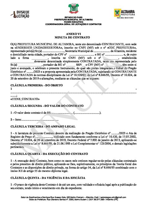 MINUTA DO CONTRATO Prefeitura Municipal de Altamira Gestão 2021 2024