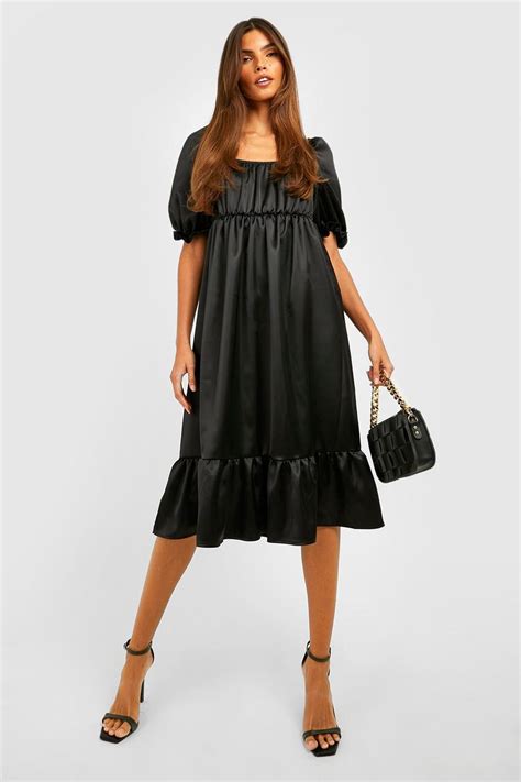 Satin Puff Sleeve Frill Hem Midi Dress Boohoo Uk