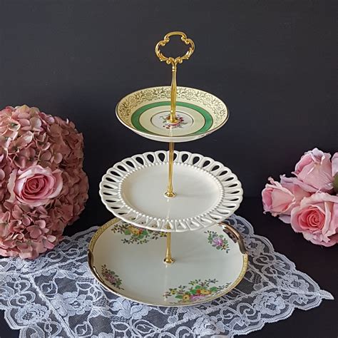 Tier Cake Stand Mismatch Vintage Plates Ivory Yellow Hand Painted