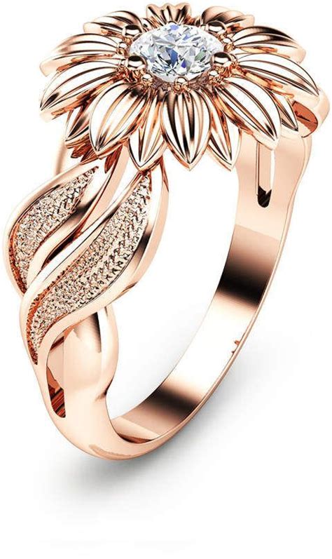 Etsy Natural Diamond Sunflower Engagement Ring 14K Rose Gold Sunflower