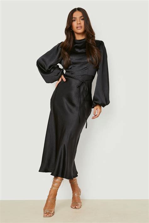 Satin High Neck Balloon Sleeve Midi Dress Boohoo