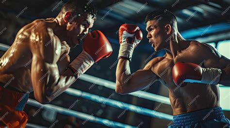 Premium Photo Boxer Missing His Opponent During A Fight In A Boxing Ring Two Male Boxers