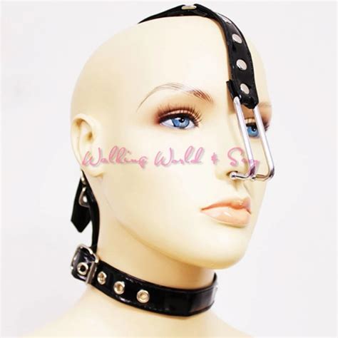 Stainless Steel Nose Hook Leather Sex Slave Collar Fetish Head Harness Bondage Restraint Adult