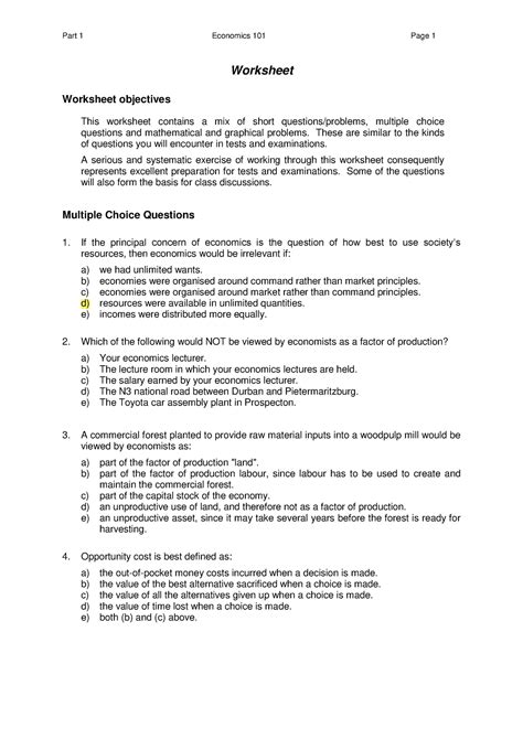 Econ 101 Part 1 Worksheet 2022 Worksheet Worksheet Objectives This