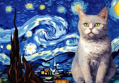 Pintura Noturna Estrelada De Um Gato Sentado Em Uma Borda Gerando Ia