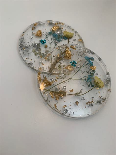 Custom Made Resin Coasters With Dried Flowers And Metallic Etsy