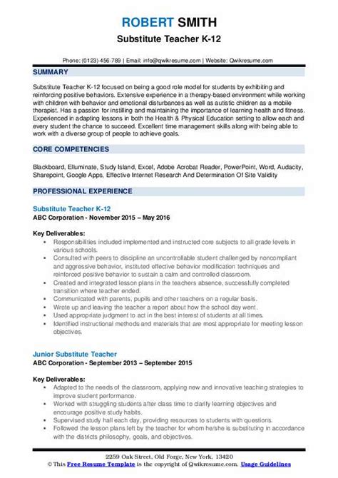 Substitute Teacher Resume Samples Qwikresume