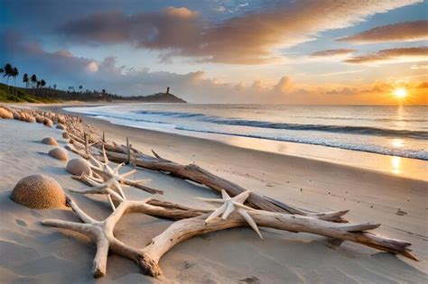 Premium AI Image Driftwood On The Beach At Sunset