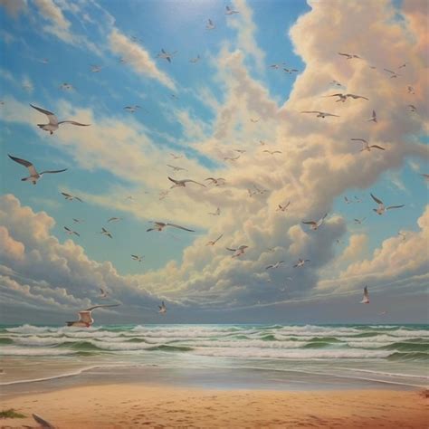 Premium Ai Image A Painting Of Seagulls Flying Over A Beach With A