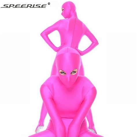 Speerise Womens Hot Pink Nylon Lycra Spandex Zentai Suit Costume Bodysuit With Face Morph Mask