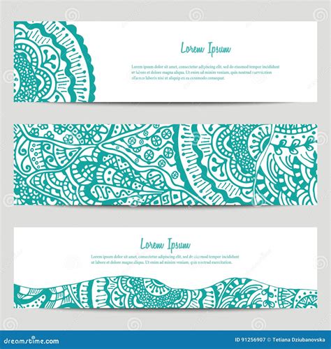 Set Of Three Horizontal Banners Oriental Pattern With Place For Text