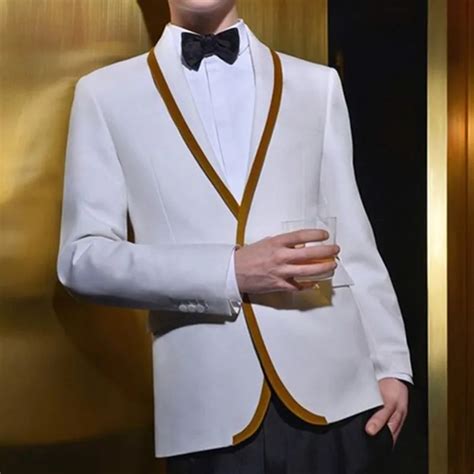 Latest Coat Pant Designs White Gold Trim Tuxedo Jacket Prom Men Suit