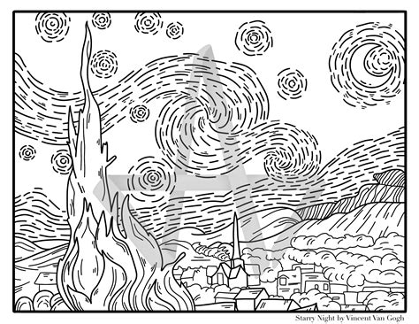 Starry Night By Vincent Van Gogh Adult Coloring Page Digital Etsy