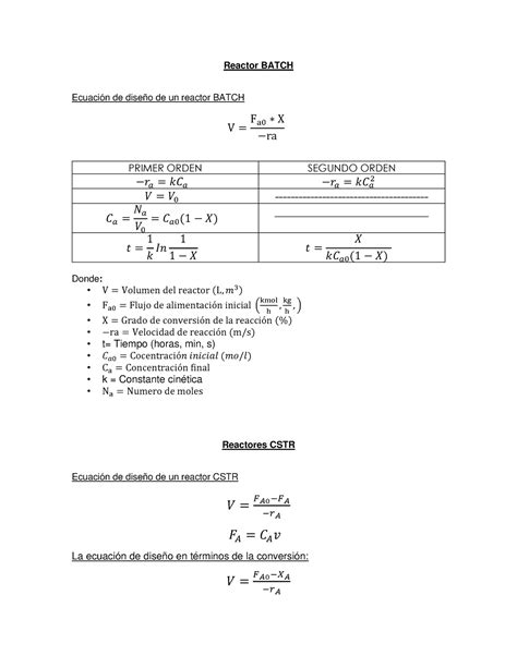 Ecuaciones De Dise O Reactor Batch Ecuaci N De Dise O De Un Reactor