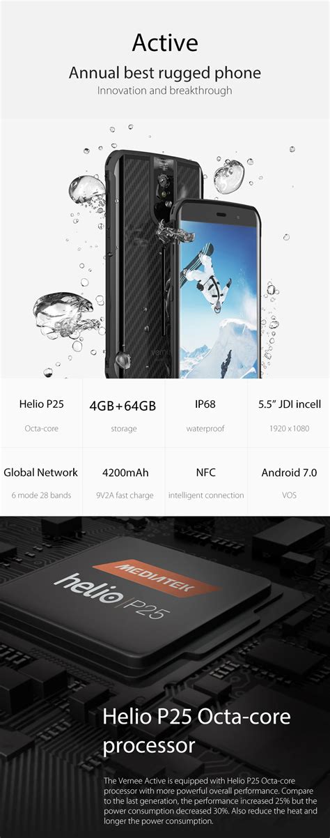 Смартфон Vernee Active V1 NFC IP68, 5,5 Дюйма, Android 7.0 ...