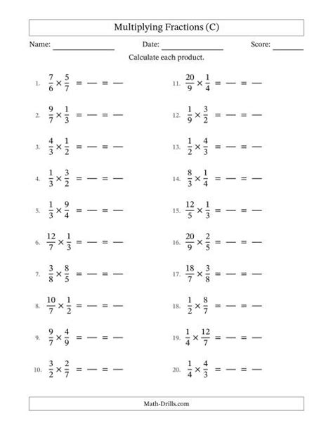 Multiplying Proper And Improper Fractions With All Simplification Fillable C