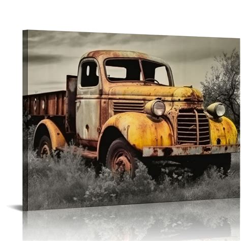 Gotuvs Rusty Truck Canvas Wall Art Vintage Blue Car Pictures Living