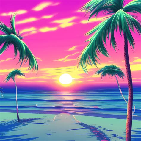 Vaporwave Anime Afbeelding Bij Zonsondergang Op Het Strand · Creative