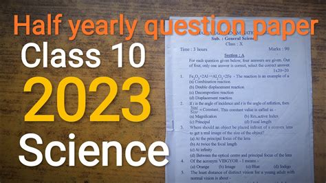 Class 10 Half Yearly Science Question Paper 2023 Seba Board Youtube