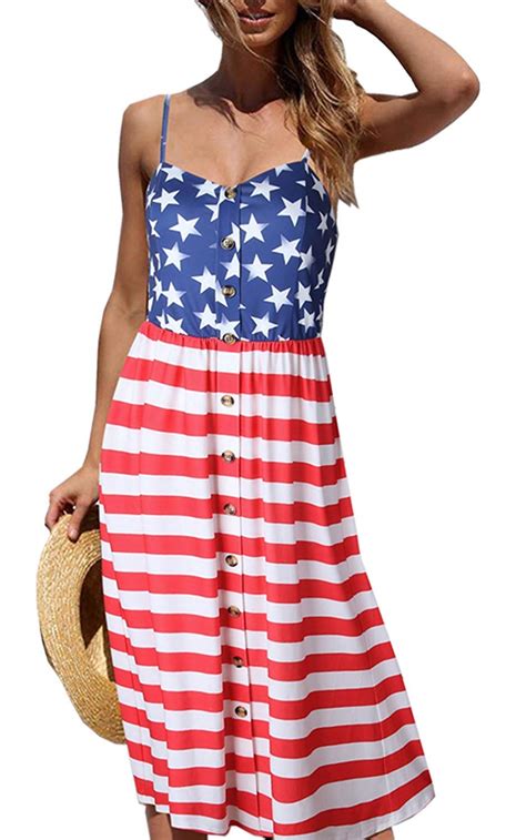 Halife Womens Dresses Summer American Flag Spaghetti Strap Sundresses