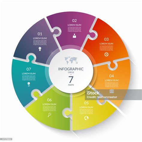 퍼즐 인포그래픽 서클 7 단계 옵션 조각 7부 주기 차트 7에 대한 스톡 벡터 아트 및 기타 이미지 7 퍼즐 인포그래픽