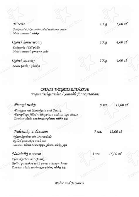 Menu At Pa Ac Nad Jeziorem Restaurant Chociwel