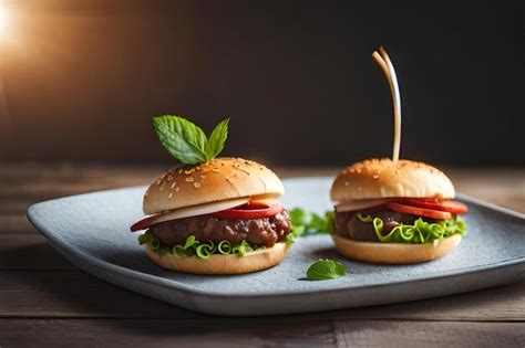 Premium Photo Two Burgers On A Plate With A Toothpick On Top