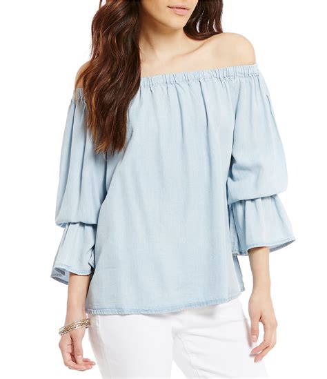 Sanctuary Charlotte Chambray Off The Shoulder Bell Sleeve Blouse Dillards