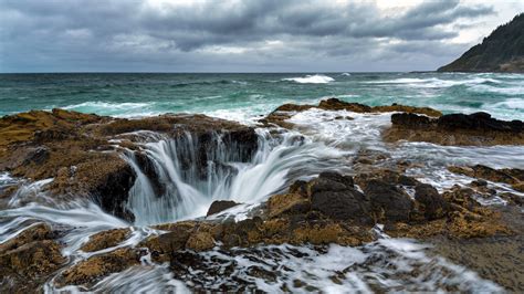 Hintergrundbilder Landschaft Wasserfall Meer Wasser Rock Ufer Himmel Strand Küste